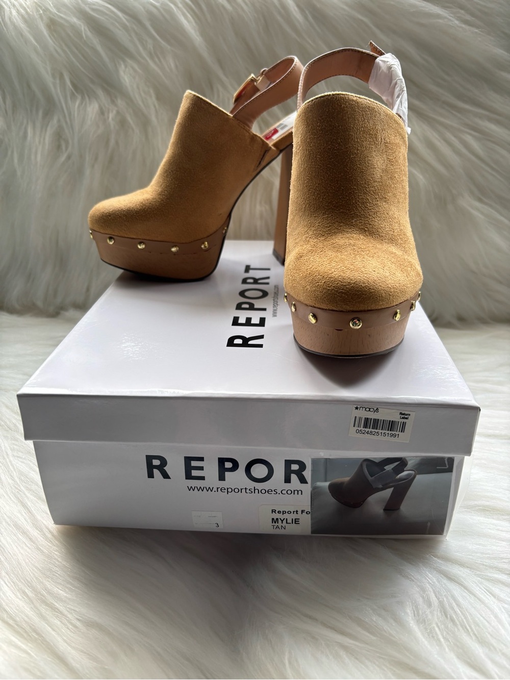 REPORT MYLIE PLATFORM CLOG-FAUX TAN SUEDE, HIGH BLOCK HEEL STUD DETAIL-NWT $55.